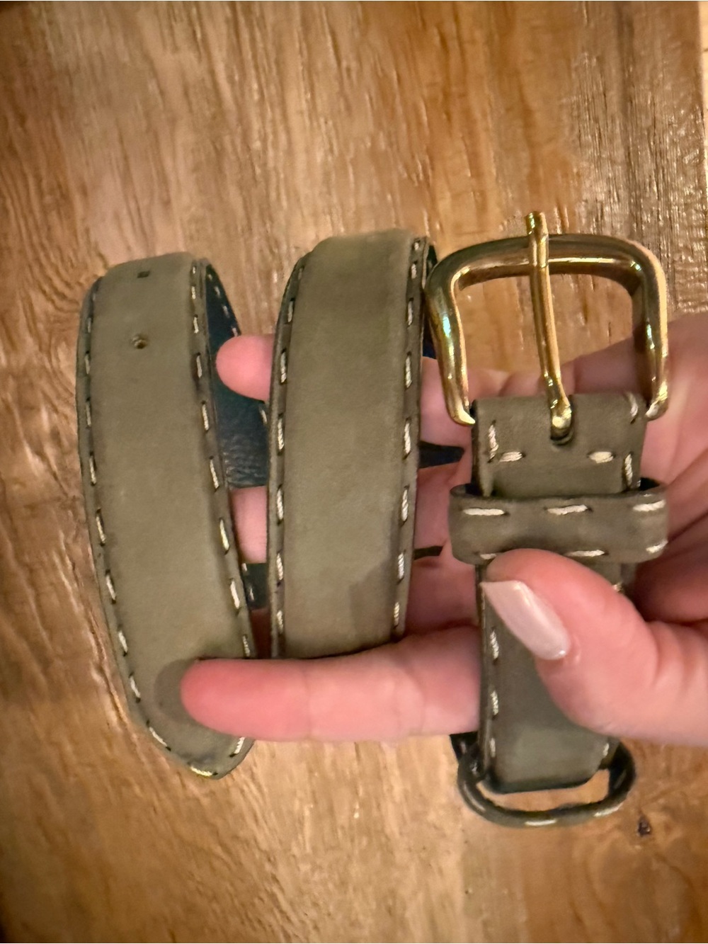 Gabrielle de Vecchi Olive Green Leather Belt with Brass Buckle